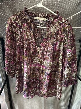 Marie Oliver Pink, Brown and Cream Patchwork Paisley Peasant Top